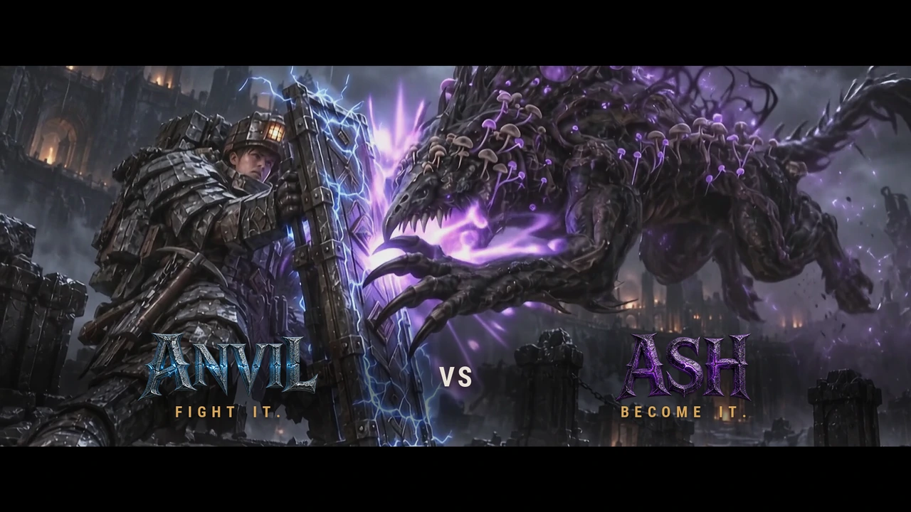 A frame from the Iron and Ember trailer: an Ash beast rakes an Anvil warden's shield as their duel begins